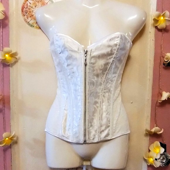 White Lace and Satin Sweetheart Overbust Front Zip Corset (L) - Picture 1 of 9